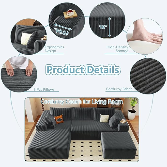 96" W Cloud Sectional Couch with Ottoman,Modern U-Shaped Cloud Couch with Deep Seat,Comfy Corduroy 3-Seater Sofa,Memory Foam Sofa for Living Room,No Assembly (Dark Grey,Left-Facing Chaise)