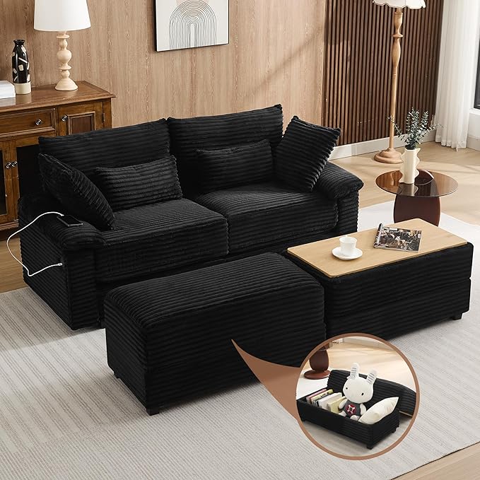 75" Corduroy Loveseat with Storage Ottoman & USB, Cloud Deep Seat Couch with Convertible Ottoman Coffee Table, Double Chaise Lounge for Living Room, Corduroy Black