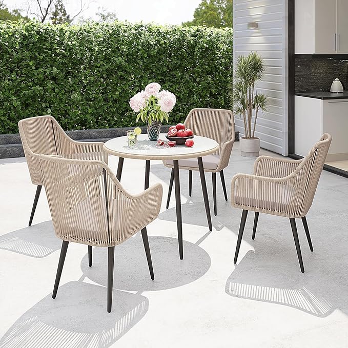 Patiorama Outdoor Dining Chairs, Patio Dining Chair Set of 4, All-Weather Woven Rope Rattan Chairs, Outdoor Dining Wicker Chairs with Armrests for Indoor Balcony Pool Backyard(Tan)