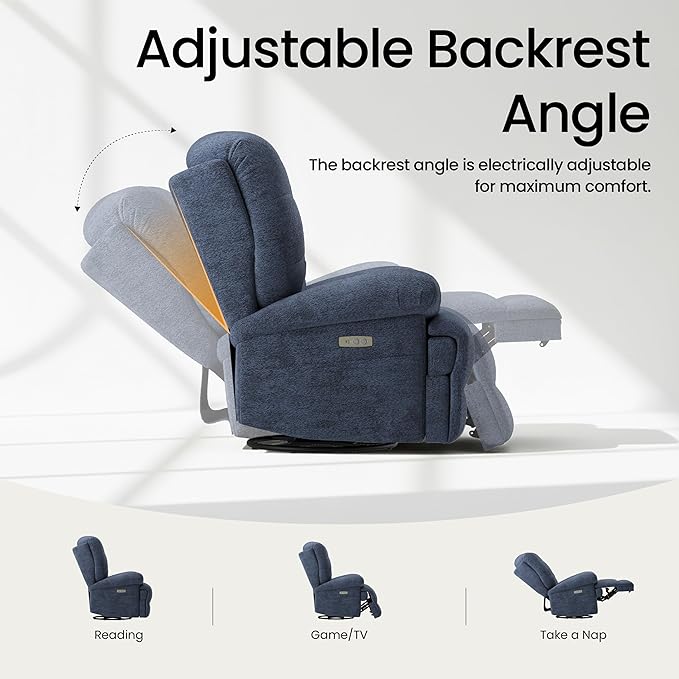 COLAMY Floren Power Swivel Recliner Chair with USB & Type-c Charge, Oversized and Padded Upholstered Deep Seat and Armrest, Rocking Recliner with Double Storage Pockets, Blue