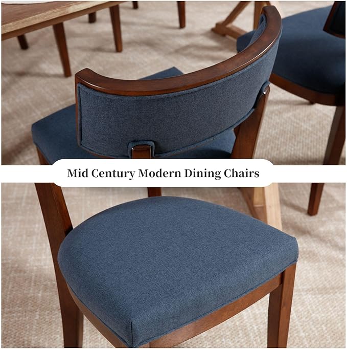 DM Furniture Upholstered Dining Chairs Set of 2 Farmhouse Kitchen Chairs with Solid Wood Legs Comfy Linen Accent Chair Modern Armless Side Chair for Dining/Living Room/Restaurant, Space Saving, Blue