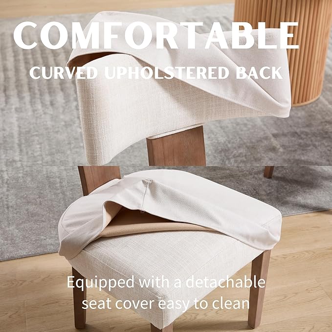RIVOVA Linen Dining Chairs Set of 2 with Seat Covers, Modern Dining Chairs with Wood Legs, Farmhouse Fabric Upholstered Dining Room Kitchen Side Chairs, Beige