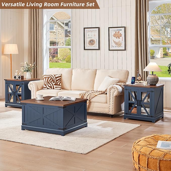 Farmhouse Coffee Table Sets 2 Pieces, Large End Side Tables with Charging Station and Coffee Table with Hidden Storage Compartment, Black Living Room Table Set, Wood Furniture Sets for Home Office