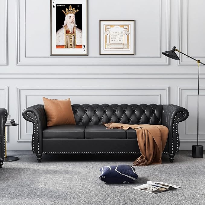QHITTY Accent Large Sofa, Chesterfield Couch 3 Seater Modern Leather Couch Upholstered Sofa with Tufted Back for Living Room Furniture (Black)