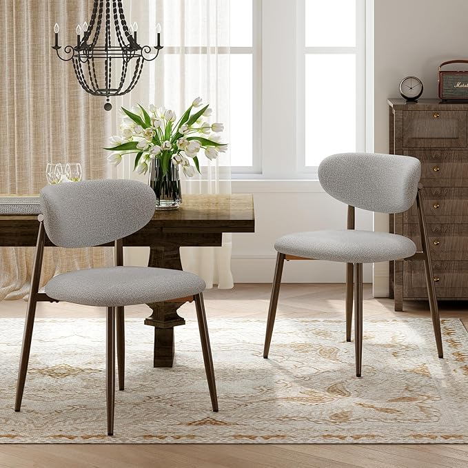 Dining Chairs Set of 2, Curved Back Kitchen Room Chairs with Metal Legs and Anti Slip Pads, Upholstered Dining Chair for Home and Restaurant, Light Grey