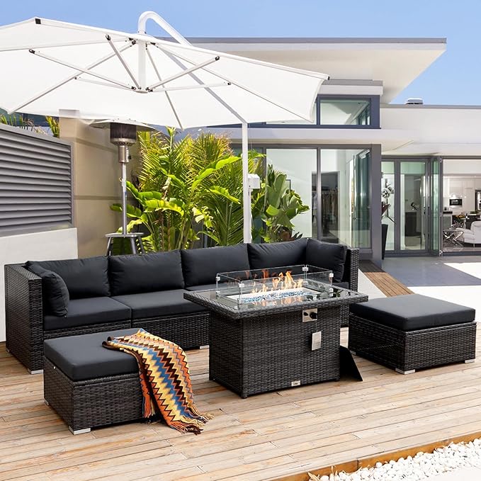 RADIATA 7Pcs Outdoor Patio Furniture Set with Fire Pit, Modern Comfortable Outside Sectional Couch High Back Oversized Wide Deep 6-Seats, Modular All-Weather Heavy Duty Wicker Sofa Set, Dark Grey