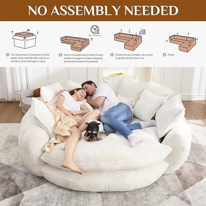 81" Oversized Bean Bag Chair Boneless Round Chaise Lounge Comfy Chenille Reading Chair Fluffy Plush Sofa Bed Large Deep Seat Circle Cloud Couch for Living Room, Bedroom, Apartment, Beige