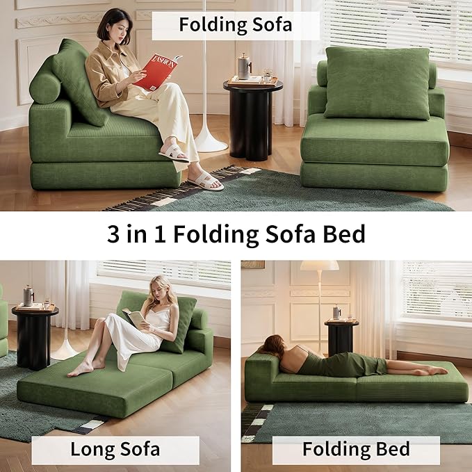 Folding Sofa Bed – Convertible Sleeper Chair Bed with Pillows/Single Floor Couch/Small Futon Couch Filled with High-Density Foam for Lounge, Guest Room or Office (Green)