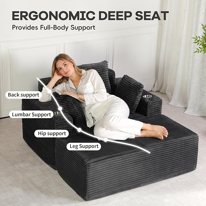 54"W Oversized Chaise Lounge Chair Indoor, Boneless Chaise Lounge Couch, Convertible Comfy Reading Chairs, Compression Sofa with Ottoman, Corduroy Sleeper Couch Chair for Living Room, Dark Grey