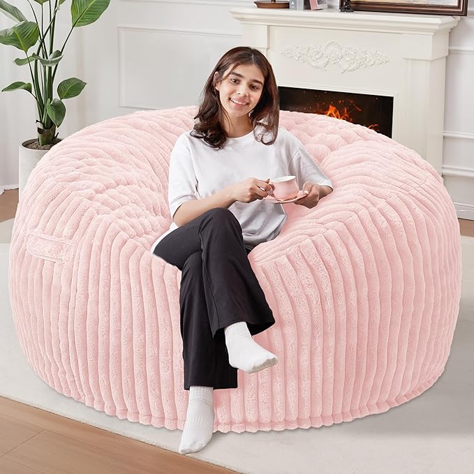 Homguava 5 FT Bean Bag Chair,5' Big Bean Bag,Giant Bean Bag Chairs for Adults with Memory Foam Filled,Comfy Large Beanbag Chairs Soft Bean Bag Sofa with Dutch Corded Plush Cover-Soft Pink