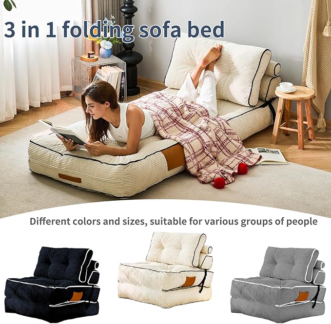 Fareforth Convertible Folding Sofa Bed, Sleeper Couch with Pillows Foldable Floor Chair with Back Support, Lounge Sofa for Living Room, Single, Beige