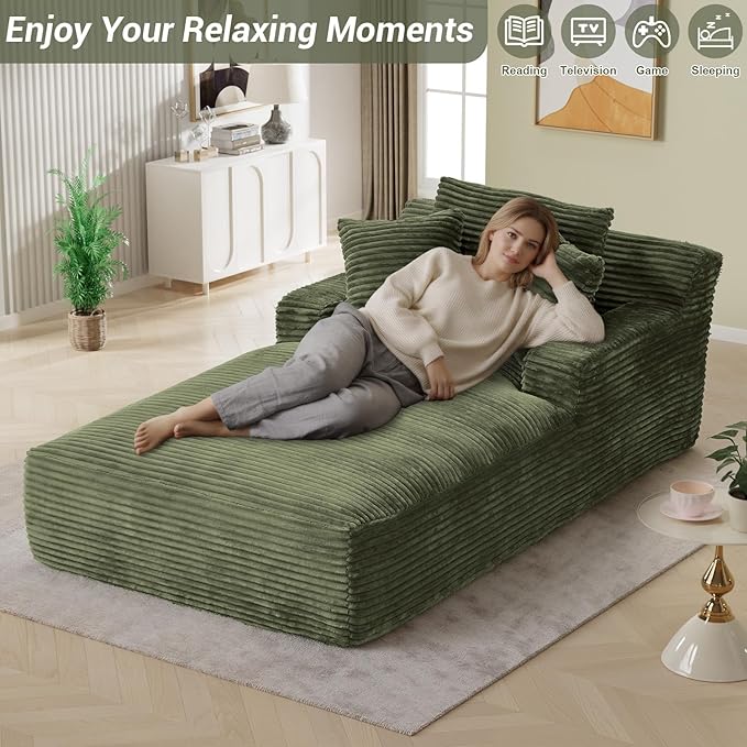 50"W x 76"D Oversized Chaise Lounge Chair Indoor Boneless Reading Chair Plush Corduroy Recliner Large Deep Seat Upholstered Sleeper Comfy Sofa Bed Couch with 3 Pillows for Living Room Bedroom, Green