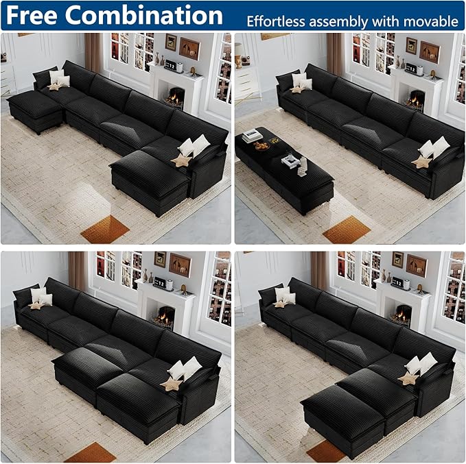 Modular Sectional U Shaped Sofa Couches with Storage Ottoman, Cloud Couch for Living Room, Comfy Sofa with Pillow, Dark Black