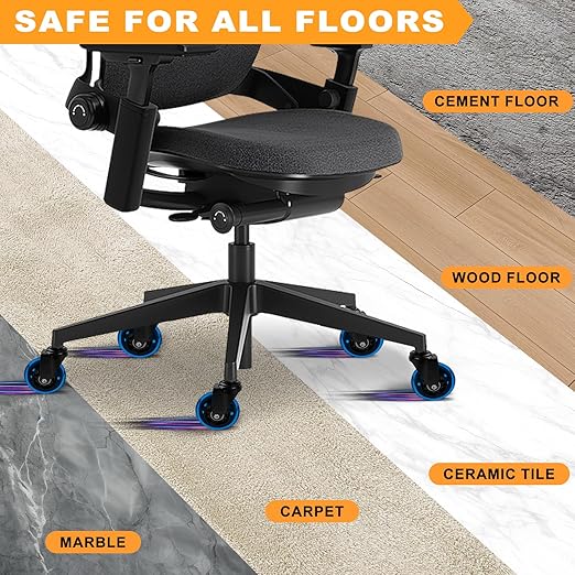 FreekyFit Office Chair Wheels for Casters Replacement - 3" Rubber Wheels for Computer Gaming Desk Caster Smooth & Safe Rolling for All Floors Including Hardwood and Carpet - Set of 5 - Blue