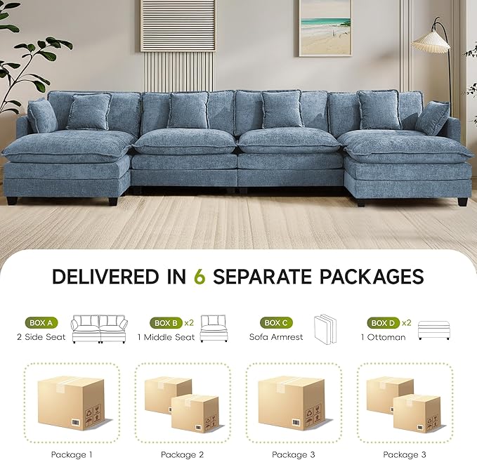 UMBFUN 4-Seater Cloud Couch with 2 Ottomans, Extra-Large Modular Sectional U Shaped Sofa with Deep Seat Cushions, Chenille Couch for Living Room, Blue