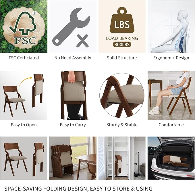 Ball & Cast Upholstered Folding Chairs Set of 2, Kitchen Dining-Chair w/Solid Wood Frame, Portable Activity Neeting Chair,No Assembly Needed, Easy Carry and Storage,Walnut+Taupe