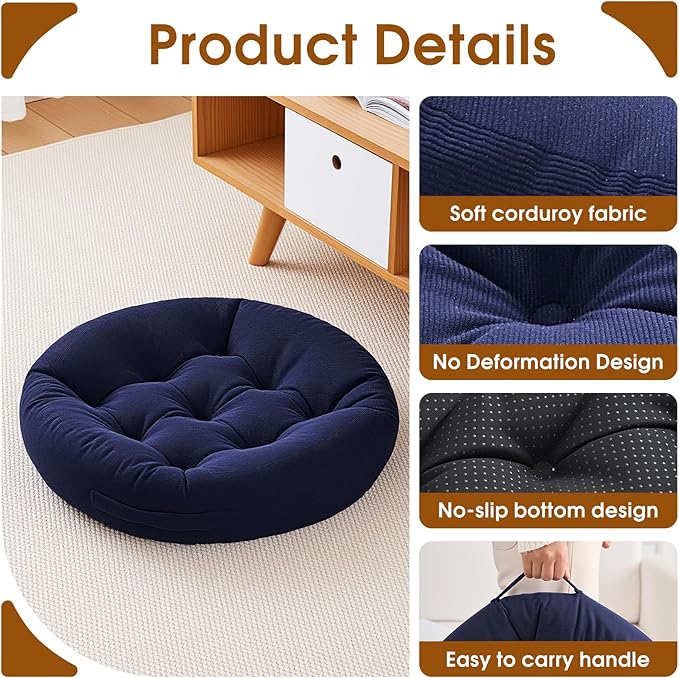 4Pcs Floor Pillows for Adults, 22x22 Inch Meditation Cushions, Large Round Sitting Cushion Living Room Memory Foam Pillow for Sitting (4, Navy, 22x22x4 Inch)