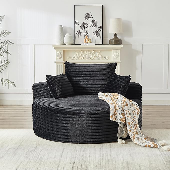 Oversized Round Chaise Longue Chair Indoor, Modern 55-inch Upholstered Corduroy Deep Seat Circle Single Cloud Lounge Floor Sofa Chair for Living Room, Bedroom Apartment, Black