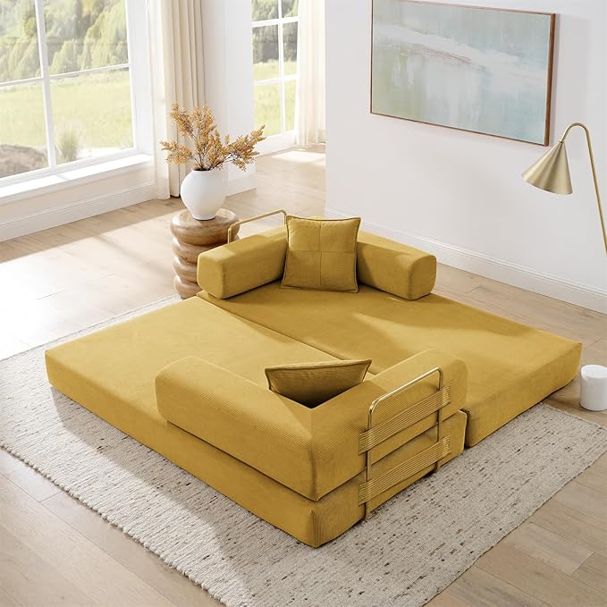 Antetek Convertible Futon Sofa Bed, 3-Seater Modern Corduroy Foam Floor King Size Bed Foldable Sleeper Lounge Loveseat Sofa Couch with 2 Throw Pillows for Living Room Bedroom Guest Room, Yellow