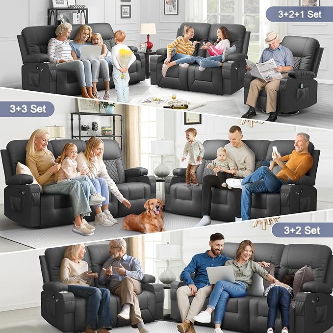 FURNIMAT Recliner Sofa, 3 Seats Dual Reclining Sofa, PU Leather Loveseat Couch, Modern Recliner Chair for Living Room, with Cup Holder and 2 Cell Phone Holder, USB Ports, Gray