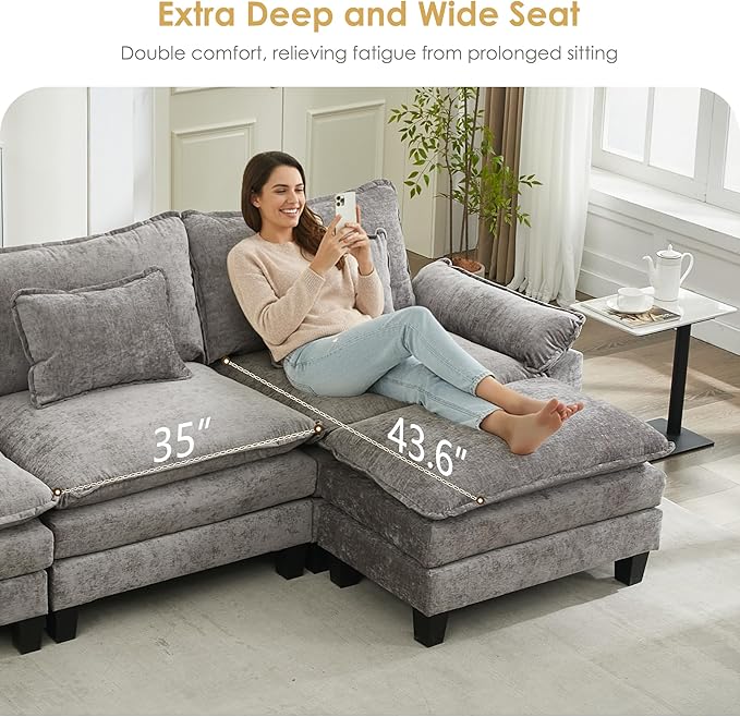 URRED Cloud Couch Modular Sectional Sofa, 157" Modern U Shaped Deep Seat Sofa with 2 Ottomans & Pillows, Ultra Comfy Chenille Couches for Living Room, Bedroom or Apartment, Gray