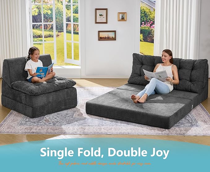 Hobestluk Sofa Couch Folding Sofa Bed Sleeper Comfy Floor Lounger Loveseat Sofa with Removable Cushion Couches Foldable Mattress for Living Room Bedroom or Office (Chenille Grey, Oversize)