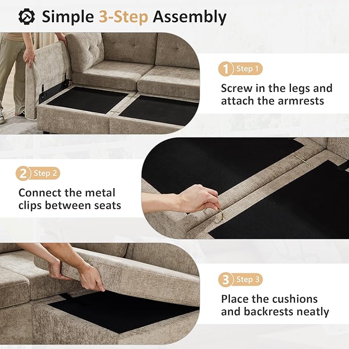 VANOMi 5 Seater Modular Sectional Sofa, Convertible Modular Cloud Sofa Bed with Ottoman, Comfy Chenille Sofas & Couches for Living Room, Apartment, Office, Beige, Sofa Bed