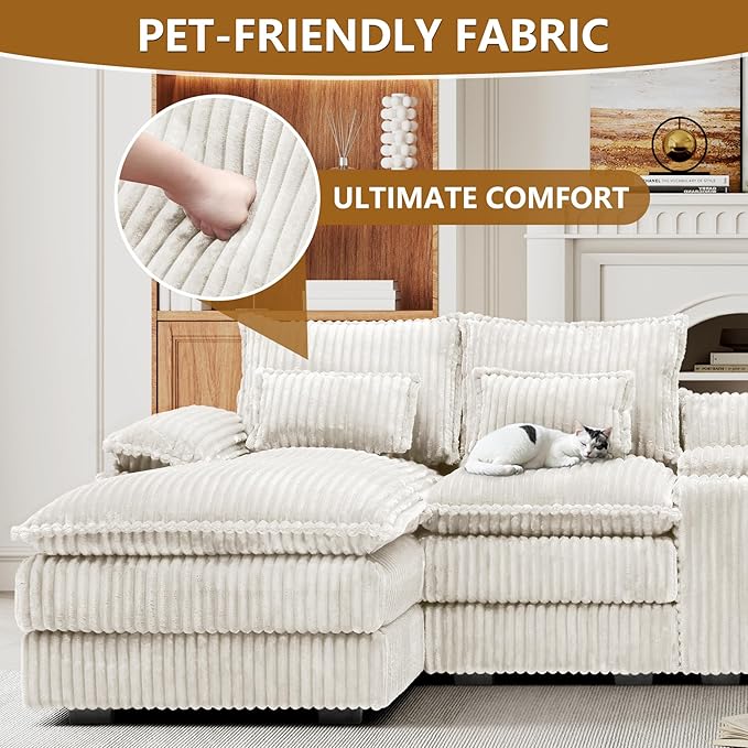HYJT-H&K 124" U Shaped Cloud Couch Sectional, Comfy Plush Fluffy Corduroy White Sectional Couches for Living Room, Modern Modular Corduroy Couch Sectionals with Central Console & Double Chaise