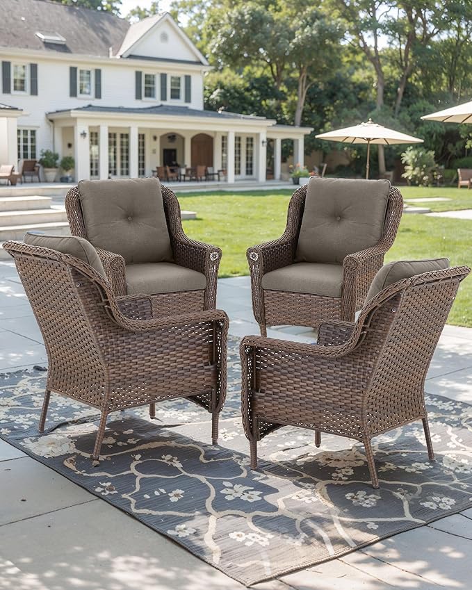 ACTREST Patio Wicker Chairs Outdoor Furniture Chair - Set of 4 Outside All Weather Lawn Dining Brown Rattan Armchair with High Back&Deep Seating for Deck Porch Balcony Backyard Garden - Grey