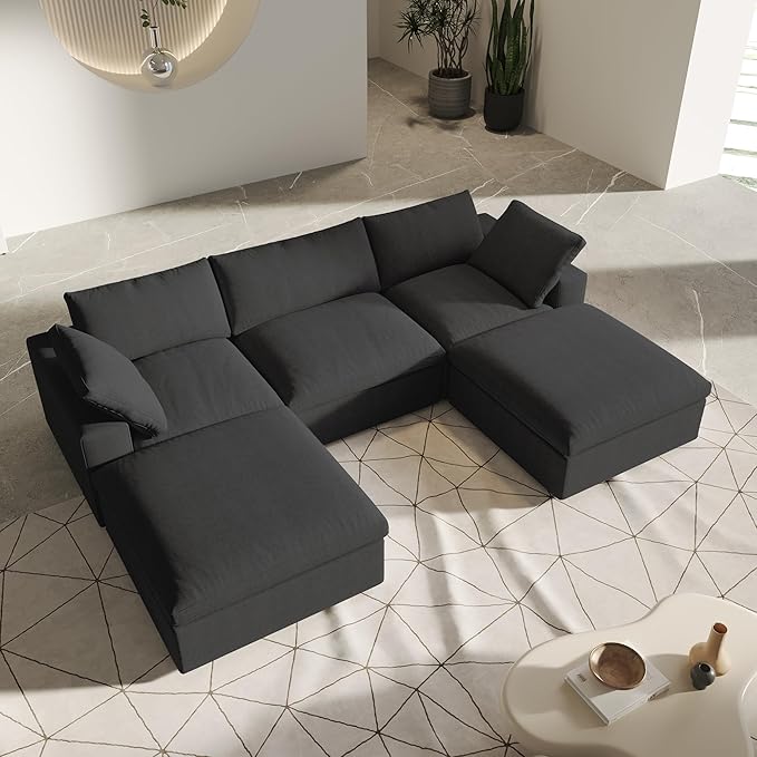 U-Shaped Cloud Sectional Couch, Black Modular Sectional Sofa, Modern Comfy Cloud Sofa with Storage Ottomans, Covers Removable, Convertible Sleeper Couch for Living Room Apartment (Linen Fabric)