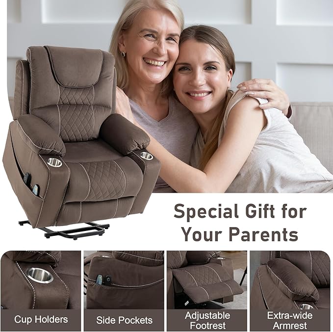 Oversized Power Lift Recliner Chair for Big and Tall 400 LBS, 26" Large Electirc Recliner Chair with Massage and Heating, Lay Flat Zero Gravity Recliner Sofa, Velvet, Coffee Brown