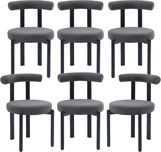 Kiztir Boucle Dining Chairs Set of 6, Modern Dining Room Chairs with Curved Backrest and Black Metal Legs, Upholstered Round Dining Accent Chairs for Kitchen, Living Room, Bedroom (Gray)