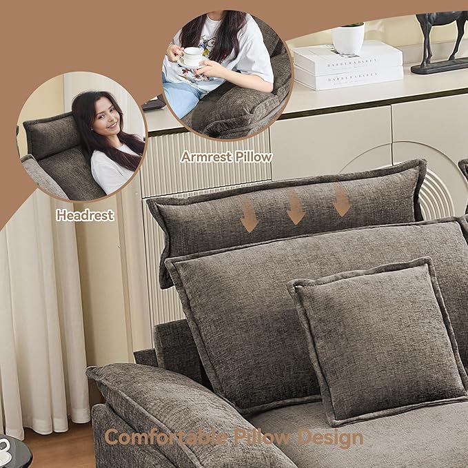 46''Cloud Oversized Sofa Chair with Detachable Headrest, Upholstered Comfy Arm Accent Chair with Ottoman,Modern Chenille Reading Lounge Armchair for Living Room,Bedroom, Brown