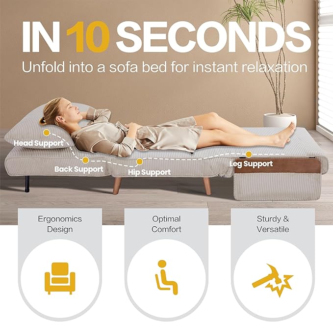 CITTANEO 42" Convertible Sleeper Chair, 3-in-1 Chair Bed Sleeper for Adults with Adjustable Backrest, Pillow & Wooden Arms, Loveseat Sofa Bed for Apartment, Office, Beige