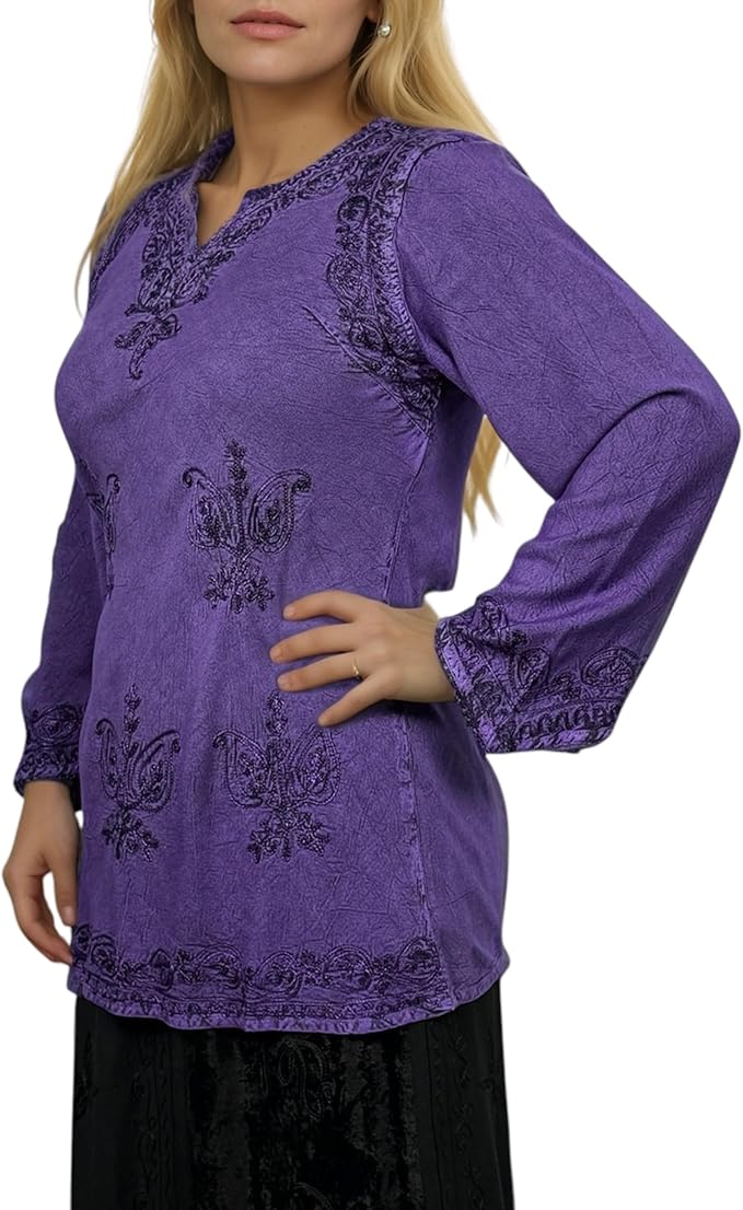 Agan Traders 2025 Winter Long Sleeve Diamond Neck Embroidered Tops - Medieval Boho Vintage Tunic Kurta Blouses for Women
