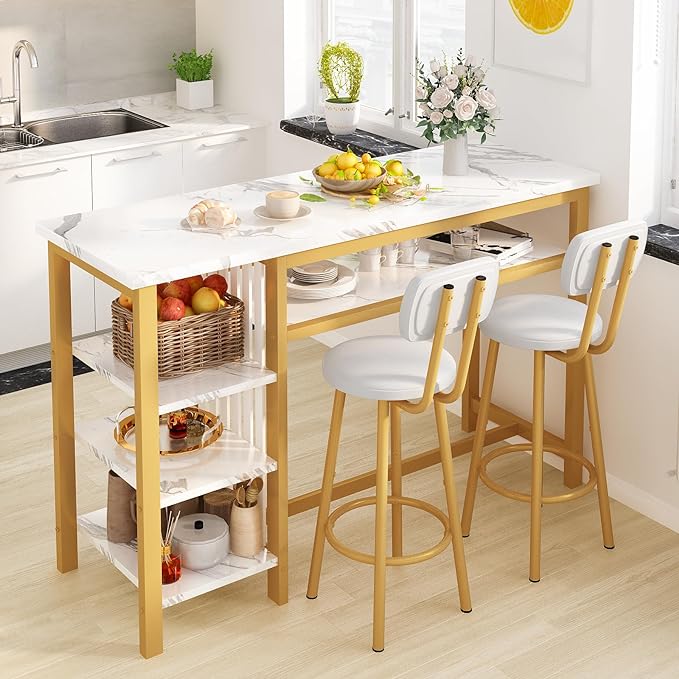 AWQM 3-Piece Bar Table and Chairs Set, Modern White Faux Marble Table with 2 PU Cushion Bar Stools, Kitchen Counter with 3 Tier Storage Shelves, Space Saving Table for Home & Kitchen, White & Gold