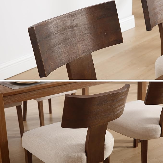 DM Furniture Farmhouse Kitchen Table Chairs Set of 4, Linen Fabric Upholstered Dining Room Chairs with Wooden Legs, Comfy Armless Dining Room Side Chair with Backrest, Beige-Dark Brown Legs