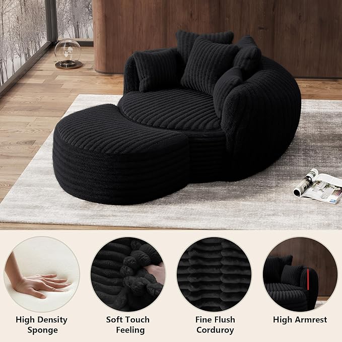 Oversized Chaise Lounge Chair Indoor with Ottoman 50.5" W x 67.0" D Round Soft Corduroy Comfy Oversized Reading Chair with 5 Pillows for Living, Reading Room - Black