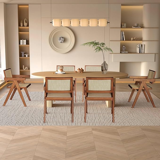 Rattan Walnut Mid Century Modern Dining Chairs Set of 6, Comfy Armchairs with Cane Back, Outdoor Kitchen Chairs for Multiple Rooms