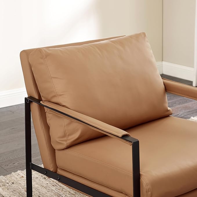 Zouron Genuine Leather Accent Chair, Mid Century Modern Chair with Black Metal Frame, Single Sofa Chair, Upholstered Lounge Reading Armchair for Living Room Bedroom, Khaki