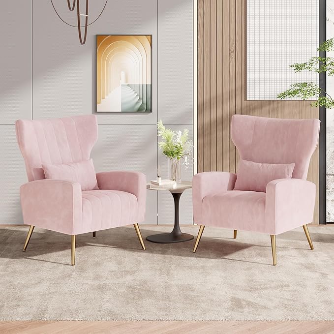 Nalupatio Modern Accent Chairs for Set of 2 Upholstered Velvet Fabric Reading Chair Mid Century Arm Chair Comfy Armchair for Living Room,Pink