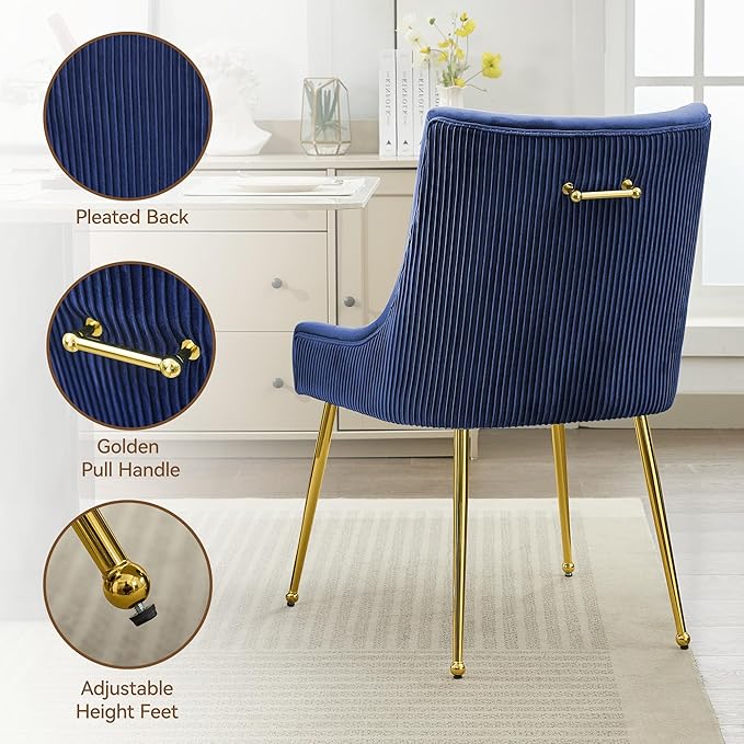 WUTUTUEE Velvet Dining Chairs Set of 6 Gold Legs,Upholstered Velvet Accent Chairs, Pleated Back Design & Gold Pull Handle, Mid Century Modern Chairs for Dining/Kitchen/Living Room,Blue
