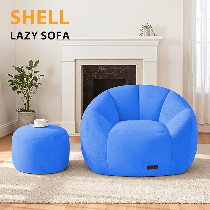 HABUTWAY Bean Bag Chair, Oversized Shell-Shaped Bean Bag Couch with Ottoman, Giant Beanbag Chair for Adults and Kids, Comfy Bean Bag Sofa & Footstool, Large Floor Sofa for Living Room Bedroom, Blue