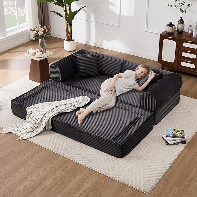 Tbfit 79'' Folding Boneless Couch, Oversized Corduroy Convertible Sofa Bed, Futon Mattress Sleeper Sofa, Comfy Foldable Upholstered Floor Couches for Living Room, Black