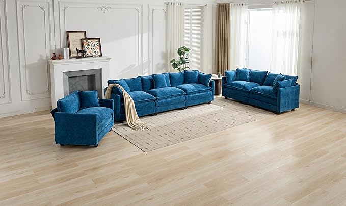 SoarFlash Chenille Sectional Sofa, Comfy Modular Single Sofa with Ottoman, Modern Recliner Deep Seat Sofa Set for Living Room,Blue