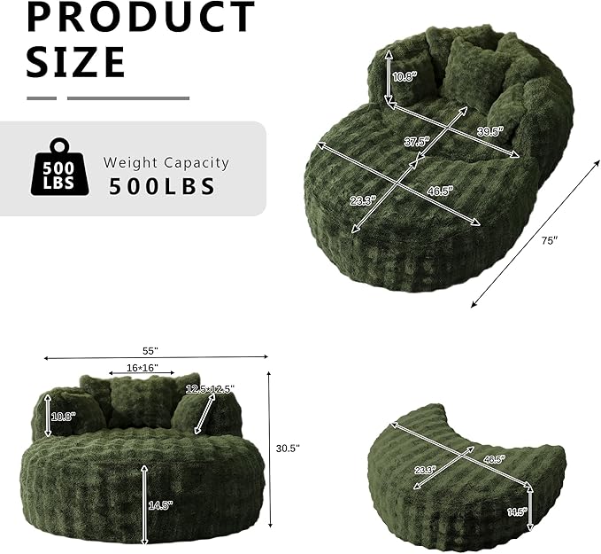Oversized Chaise Lounge Chair Indoor with Ottoman 55" W x 75" L Round Reading Chair Plush Faux Fur Corduroy Cloud Circle Boneless Chair with 5 Pillows for Living Room - Green