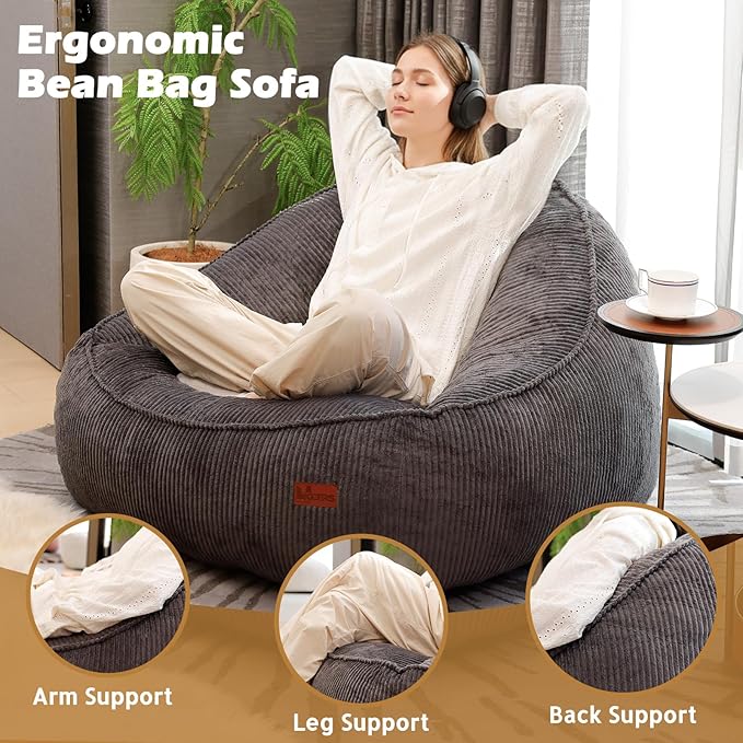 Giant Bean Bag Chair for Adults, Teens and Kids, Cozy Fluffy Corduroy Beanbag Chair with Filler, Large Floor Lounge Sofa for Living Room, Bedroom, Dorm, Gaming and Reading（L-Dark Grey）