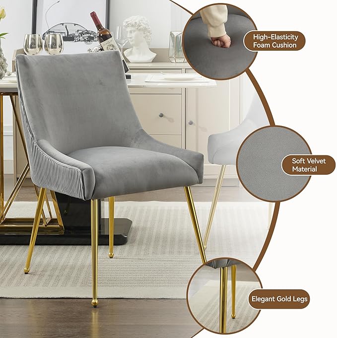 WUTUTUEE Velvet Dining Chairs Set of 4 Gold Legs,Upholstered Velvet Accent Chairs, Pleated Back Design & Gold Pull Handle, Mid Century Modern Chairs for Dining/Kitchen/Living Room,Light Grey