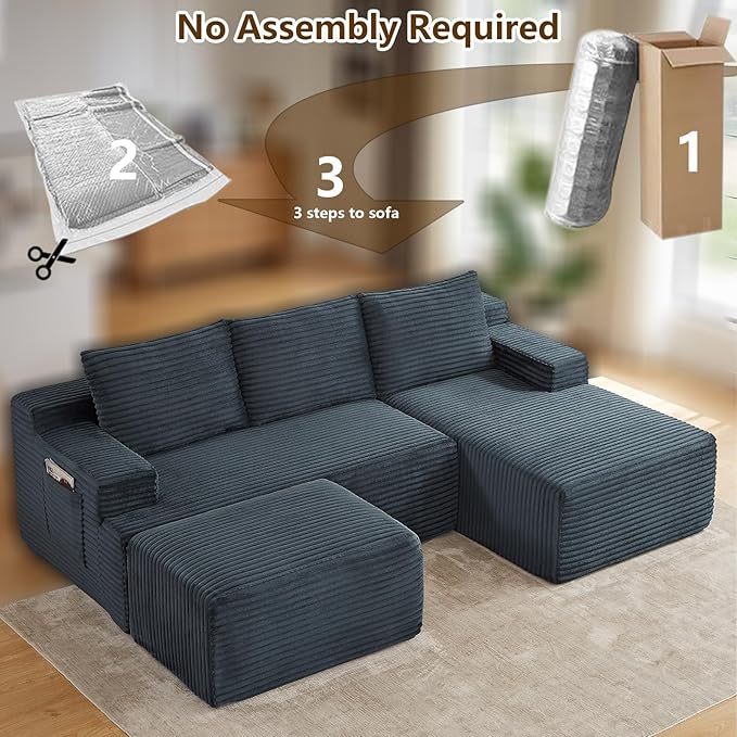 96" U-Shape Cloud Couch, Modern Modular Sectional L-Shape Sofa with Ottoman, Corduroy Upholstered Couches Deep Seat Sleeper Chaise Longue for Living Room, No Assembly Required(Dark Gray, Right Facing)