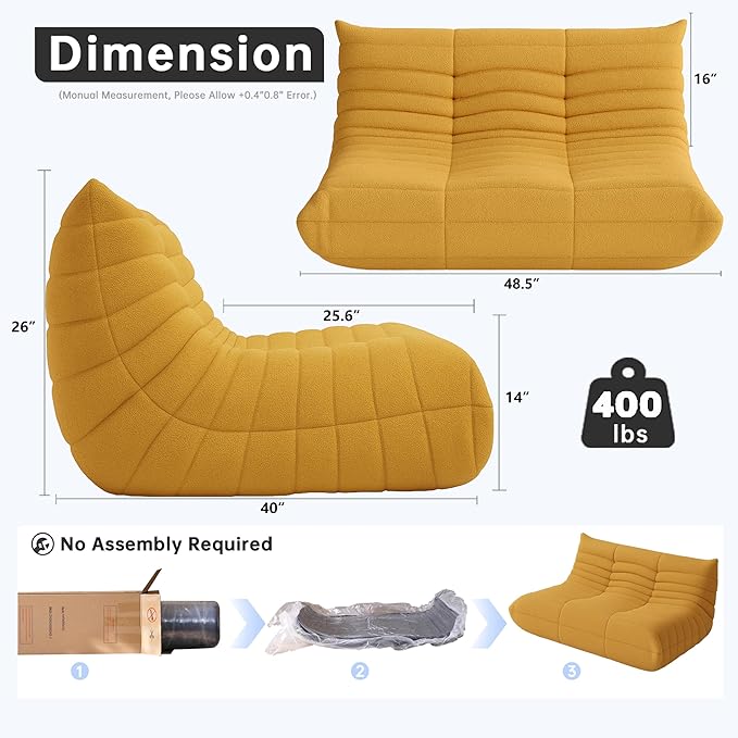 Bean Bag Chairs for Adults, BeanBag Reading Chair Memory Foam Couch, Floor Chair Soft Teddy Material, Comfy Reading Nook Chairs for Bedroom Living Room Office(Yellow)